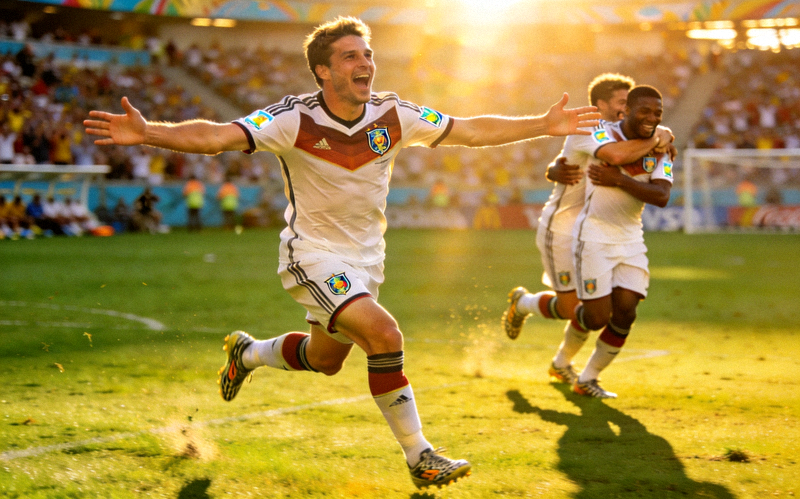 世界杯精彩进球庆祝瞬间 - 进球球员张开双臂奔跑庆祝，队友从后方追上准备拥抱